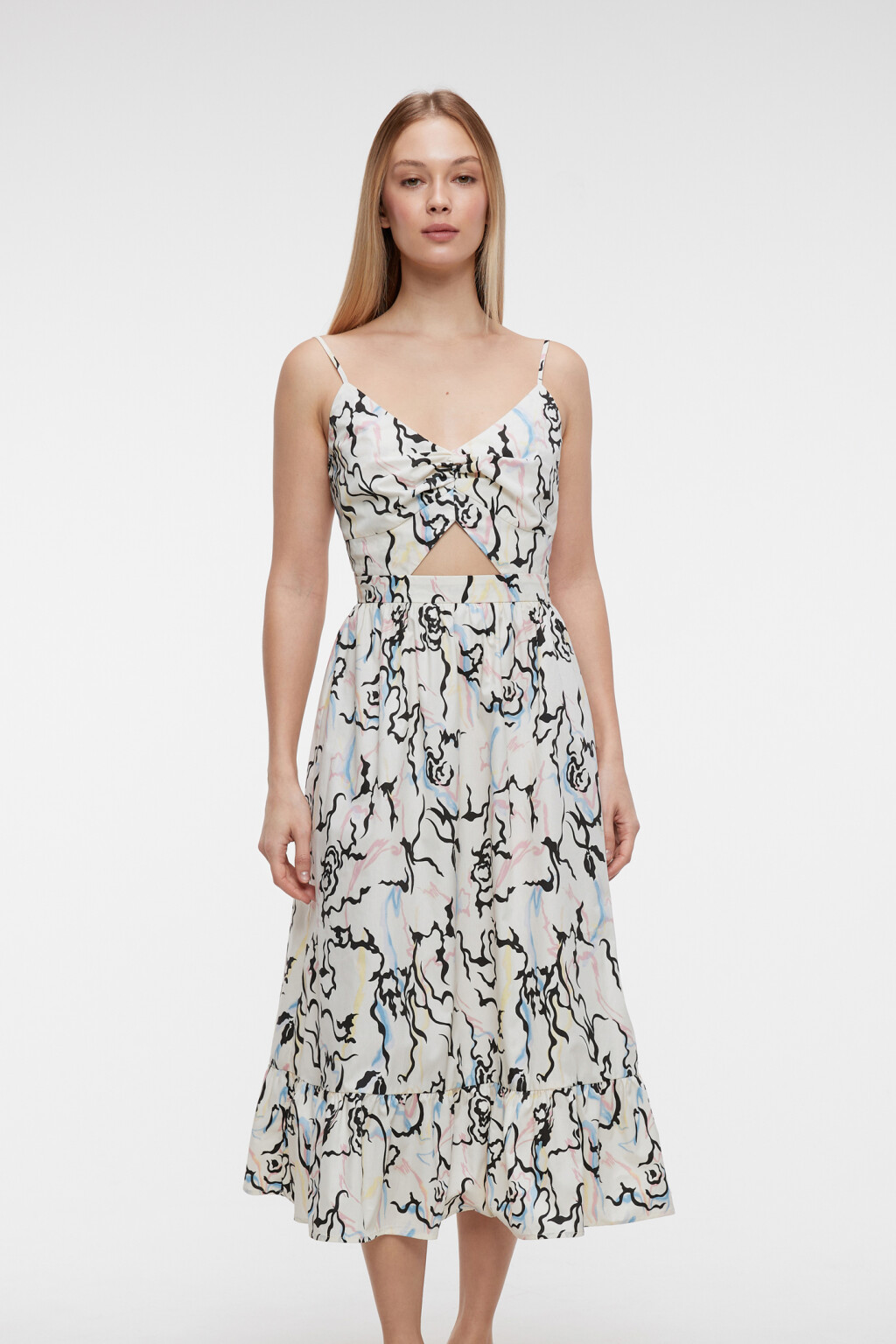 Платье-сарафан миди на тонких бретельках с воланами - цвет мультиколор - 6