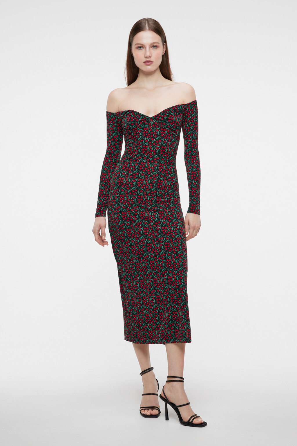 Платье миди с открытыми плечами и разрезом на бедре - цвет красный - 1