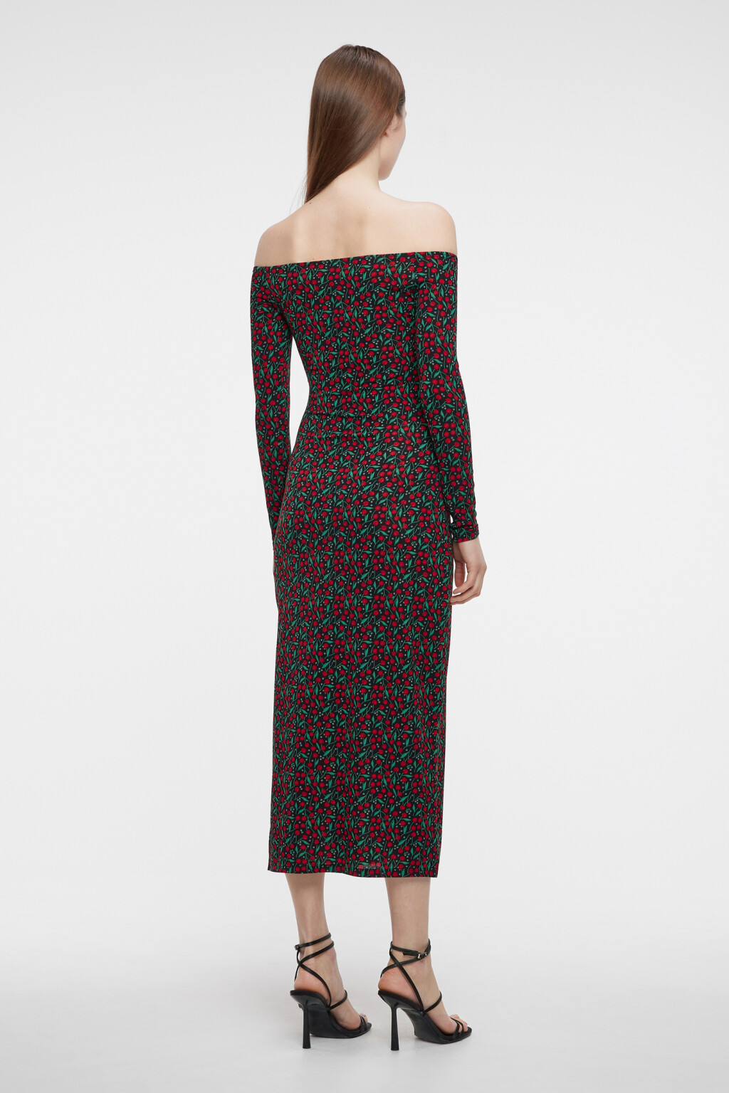 Платье миди с открытыми плечами и разрезом на бедре - цвет красный - 3