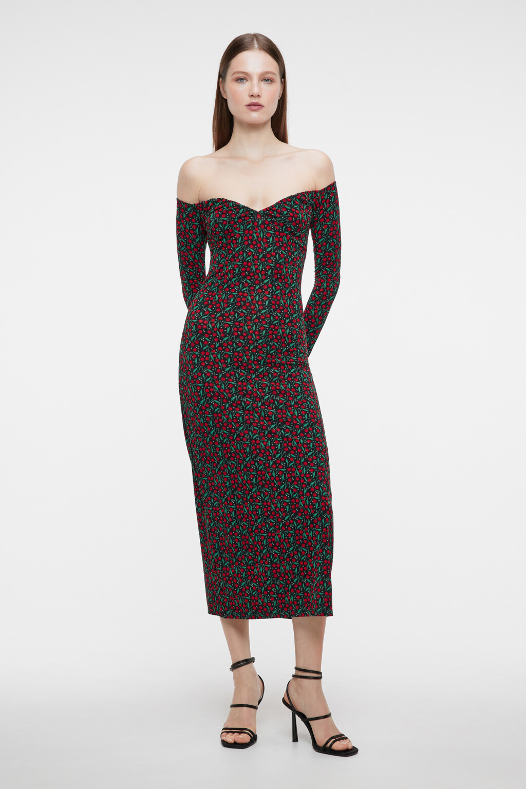 Платье миди с открытыми плечами и разрезом на бедре - цвет красный - 4