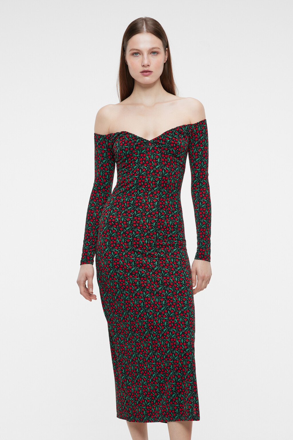 Платье миди с открытыми плечами и разрезом на бедре - цвет красный - 8