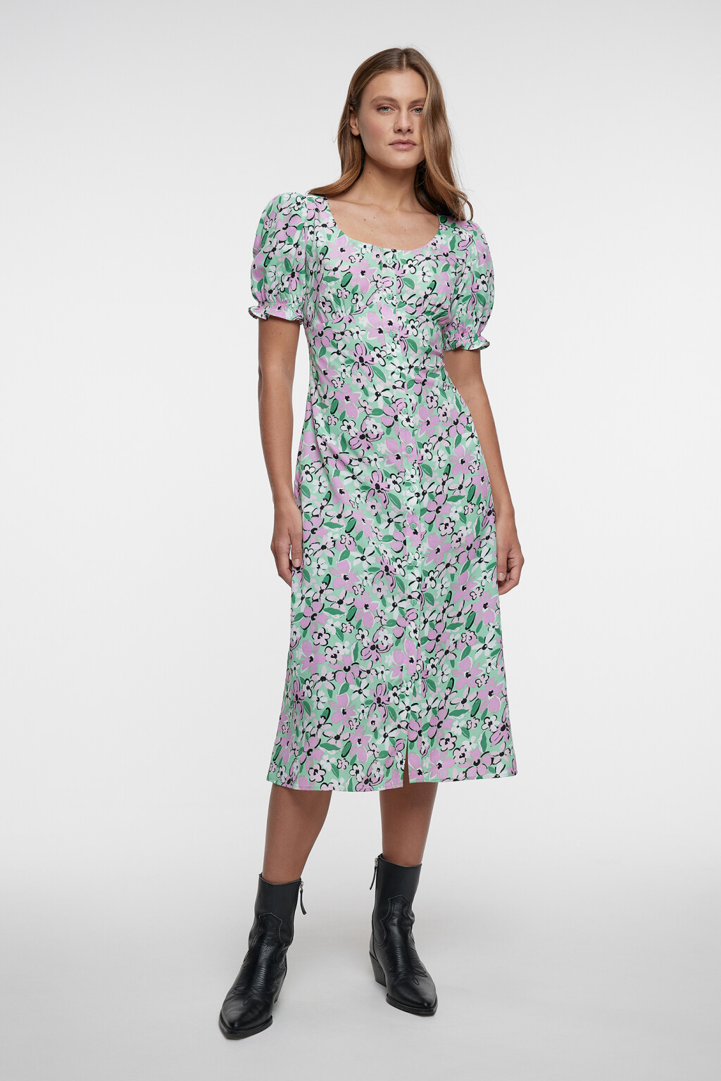 Платье-рубашка миди приталенное с рукавами-фонариками - цвет мультиколор - 1