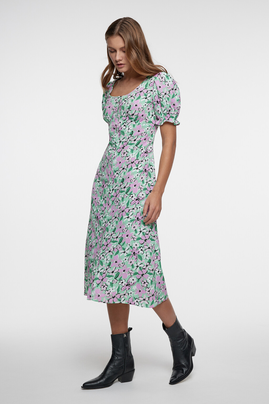 Платье-рубашка миди приталенное с рукавами-фонариками - цвет мультиколор - 2