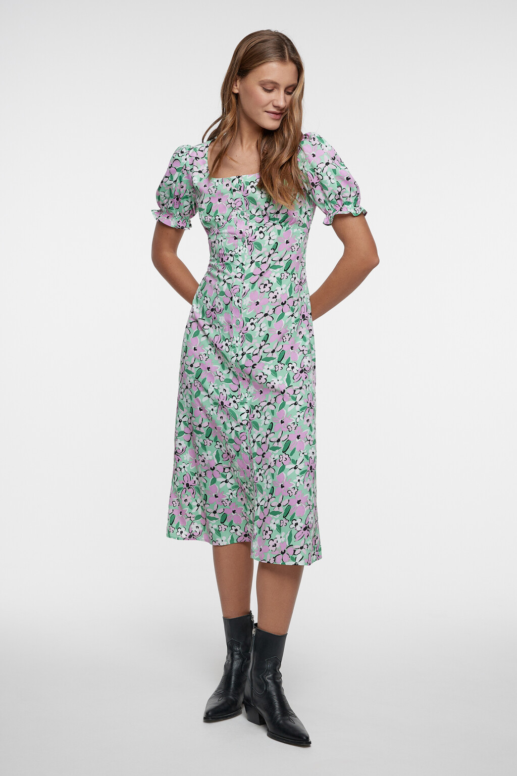 Платье-рубашка миди приталенное с рукавами-фонариками - цвет мультиколор - 4