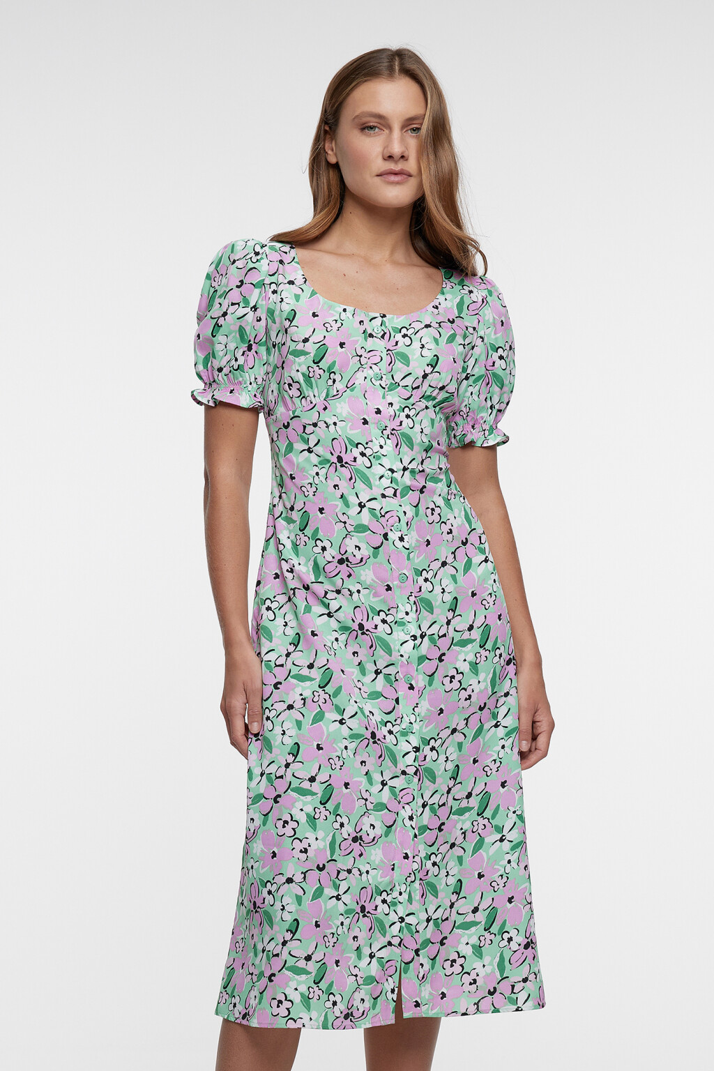 Платье-рубашка миди приталенное с рукавами-фонариками - цвет мультиколор - 8