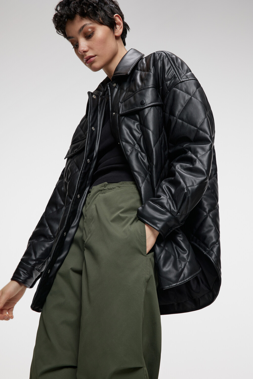 Куртка-рубашка oversize стеганая  - цвет черный - 8