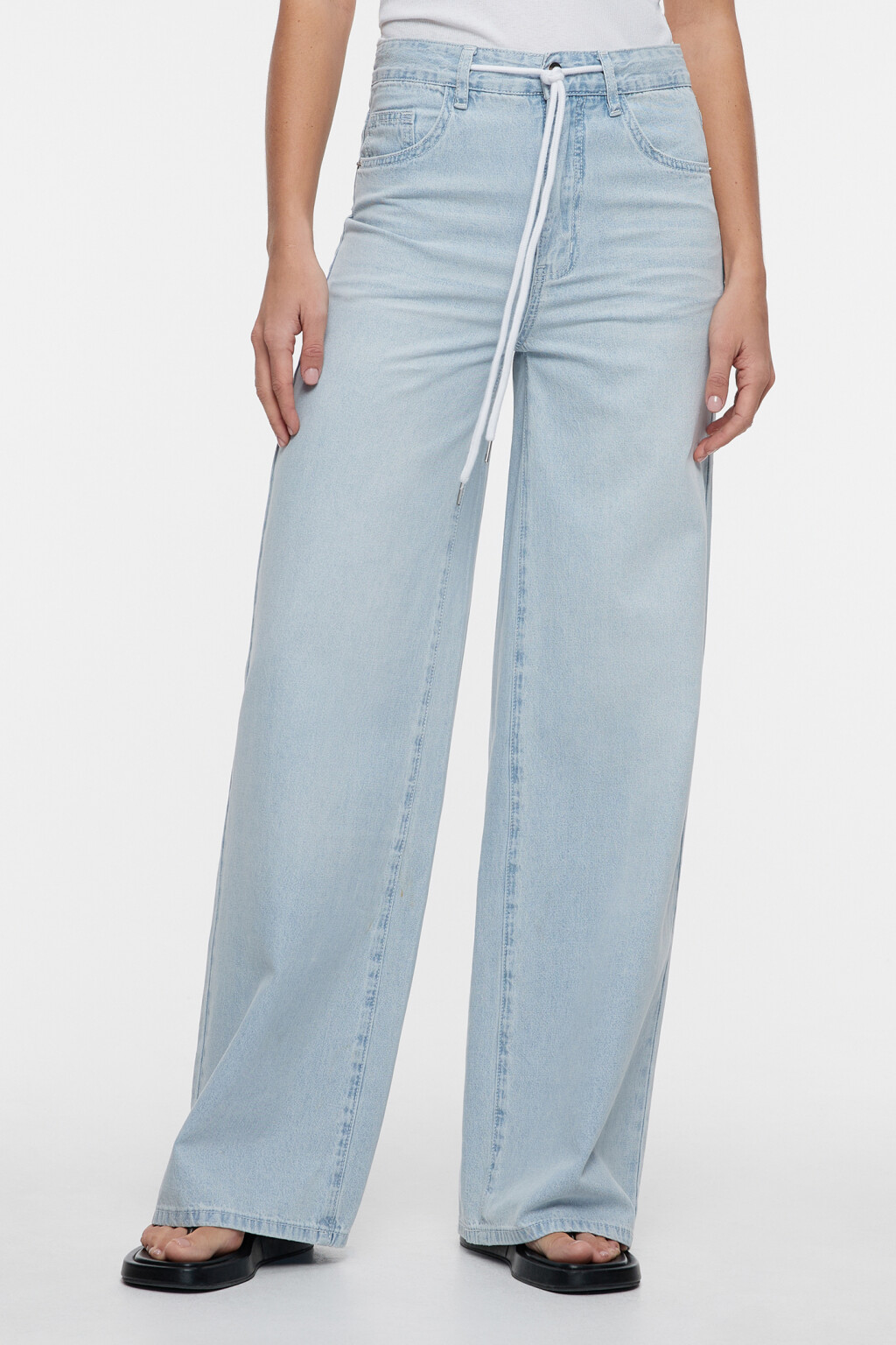 Джинсы wide leg широкие с поясом-шнурком в кулиске - цвет голубой - 1