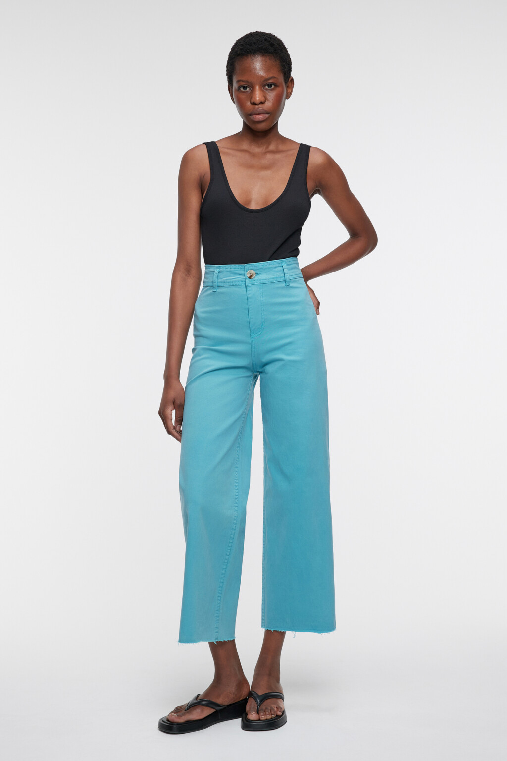 Джинсы-трубы wide leg широкие с обрезанными краями - цвет голубой - 1