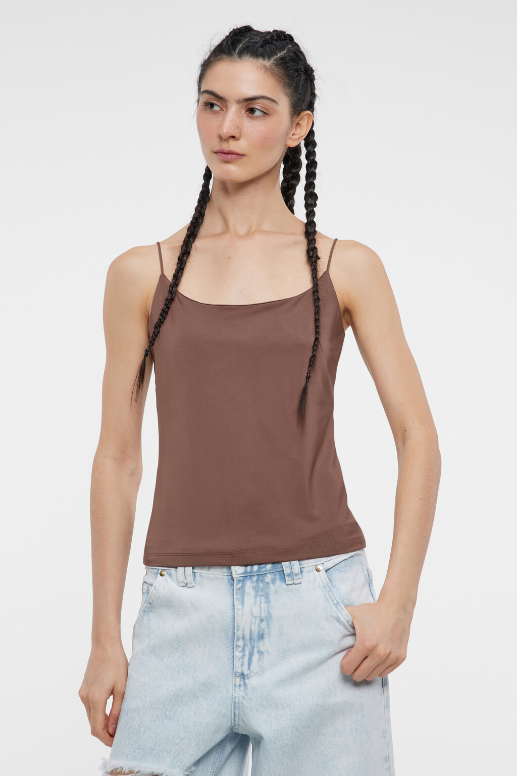 Топ-майка облегающий гладкий на тонких бретелях - цвет бежевый - 1