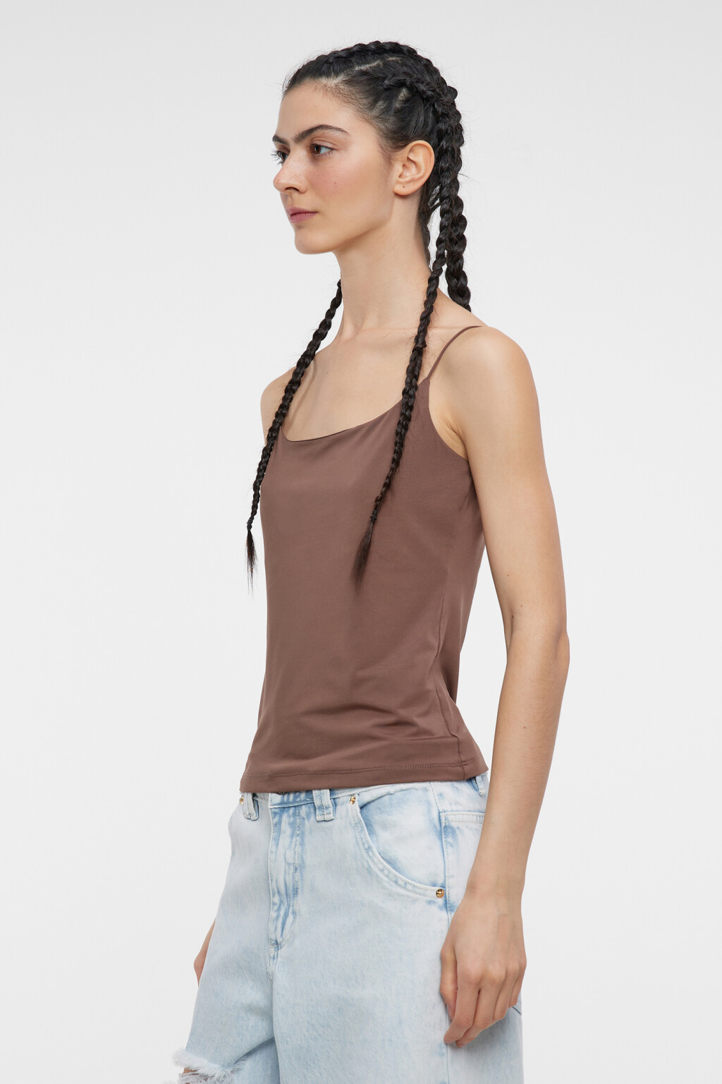 Топ-майка облегающий гладкий на тонких бретелях - цвет бежевый - 2