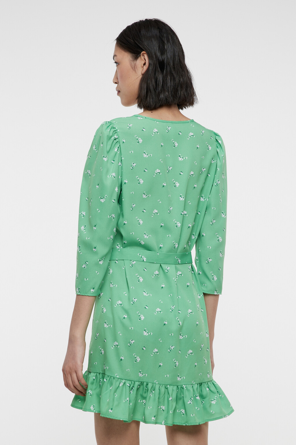 Платье мини с поясом и V-образным вырезом - цвет зеленый - 3