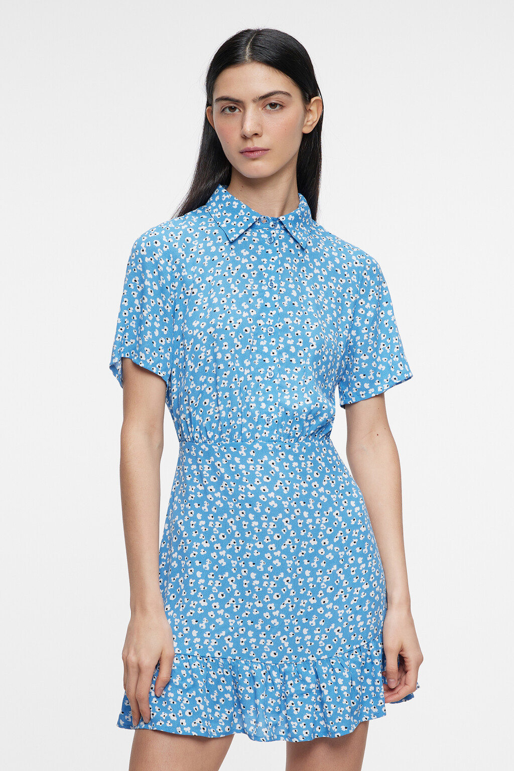 Платье-рубашка мини приталенное с оборками - цвет голубой - 1