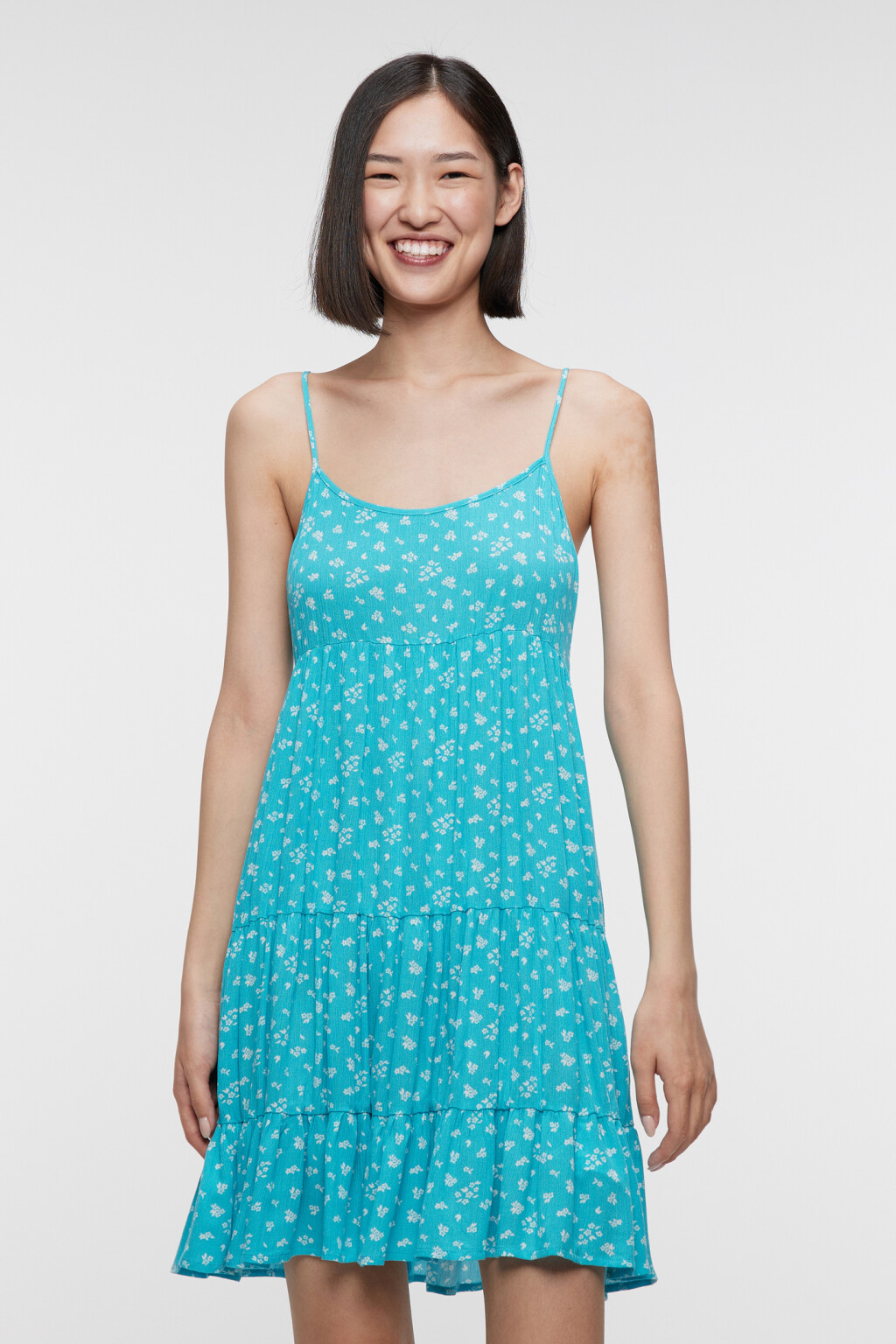 Сарафан-трапеция мини вискозный с ярусной юбкой - цвет голубой - 1