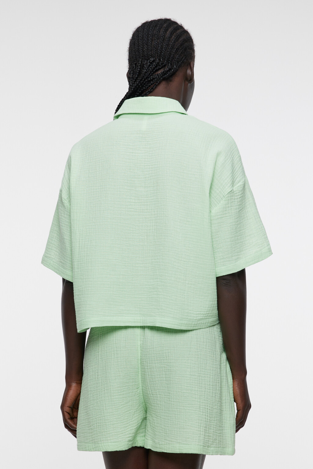 Блузка-рубашка хлопковая укороченная с коротким рукавом - цвет зеленый - 3