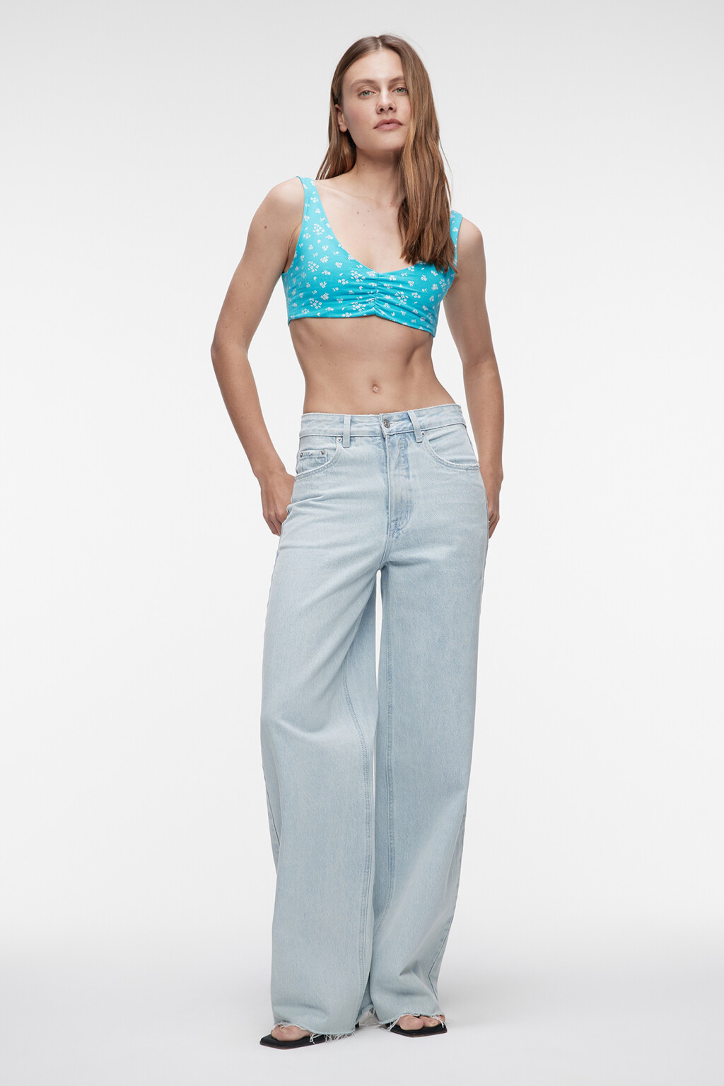 Топ-бюстгальтер короткий хлопковый с принтом - цвет голубой - 4