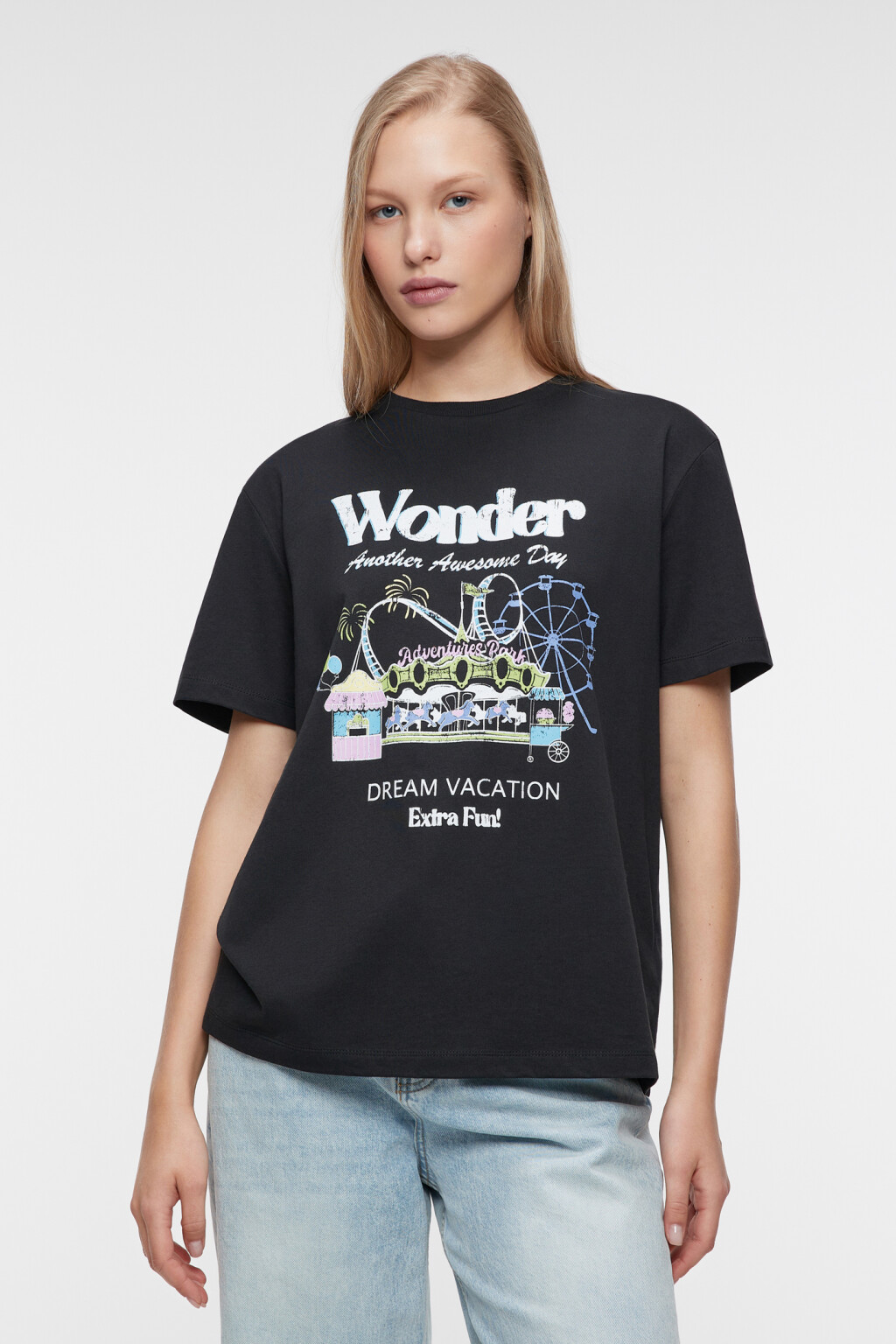 Футболка свободная хлопковая с принтом и надписями - цвет черный - 2