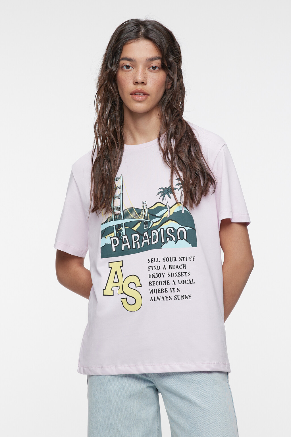 Футболка свободная хлопковая с принтом и надписями - цвет розовый - 2