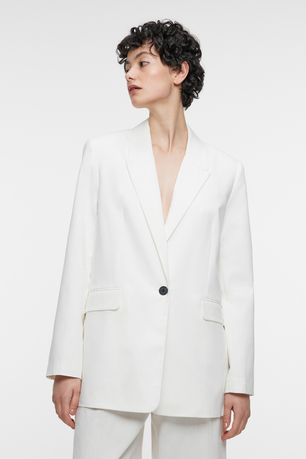 Пиджак прямой однобортный из льняной ткани - цвет белый - 2