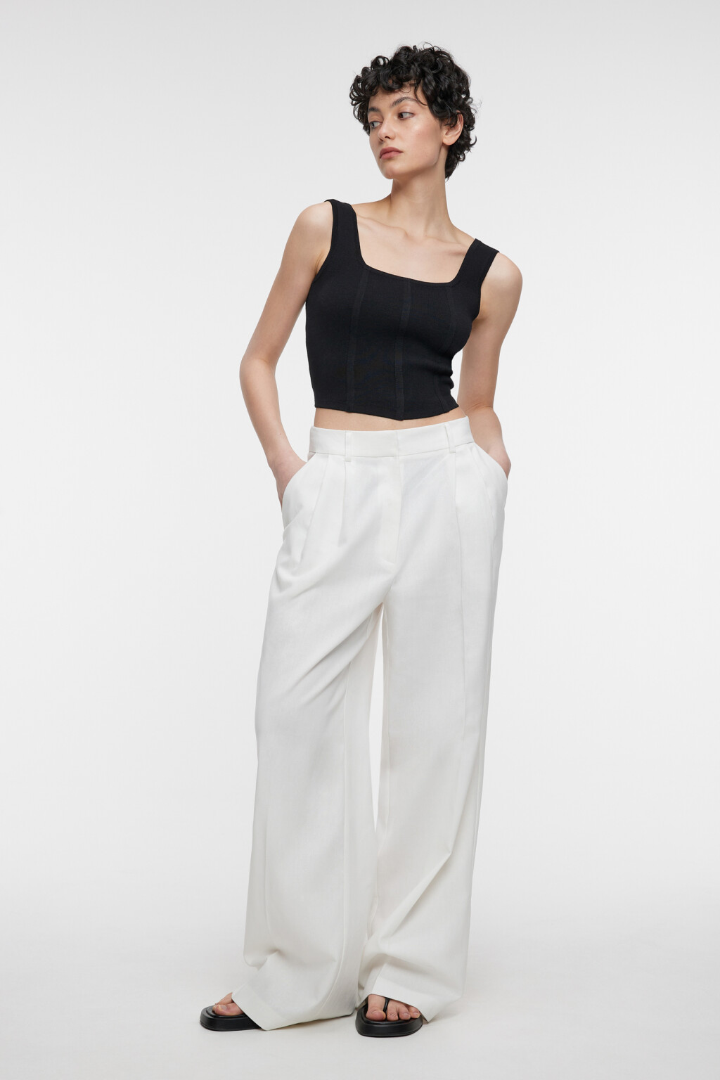 Брюки-палаццо широкие льняные костюмного кроя - цвет белый - 4