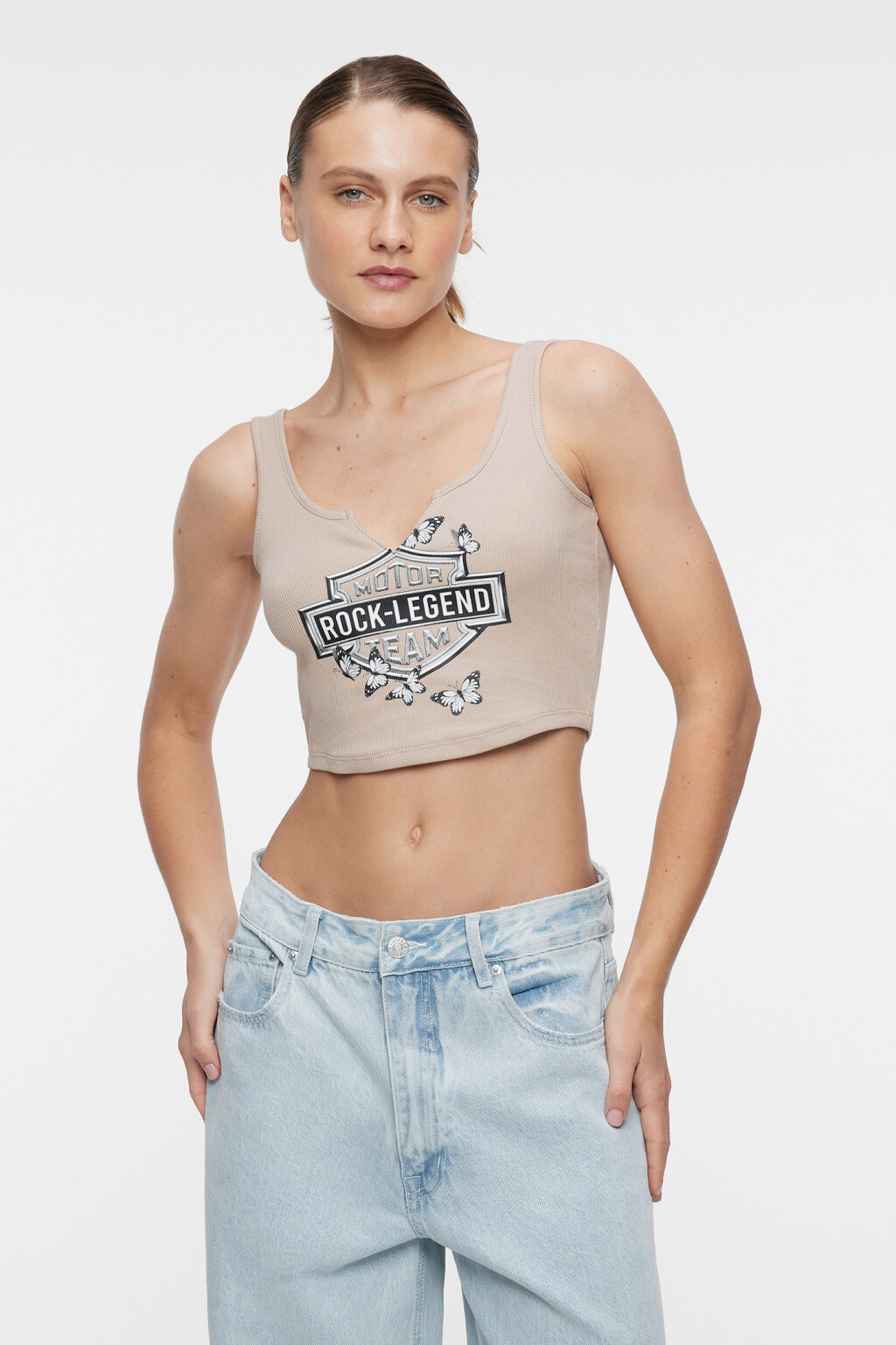 Топ-майка хлопковый с разрезом на груди и принтом - цвет бежевый - 1