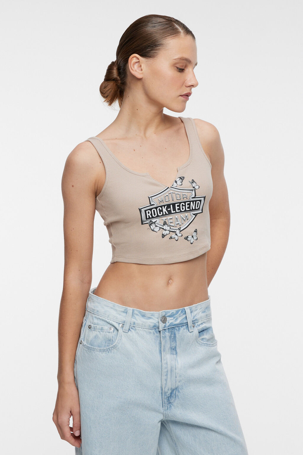 Топ-майка хлопковый с разрезом на груди и принтом - цвет бежевый - 2