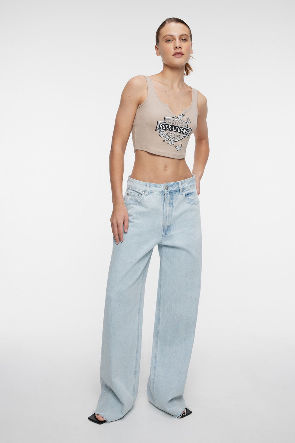 Топ-майка хлопковый с разрезом на груди и принтом - цвет бежевый - 4