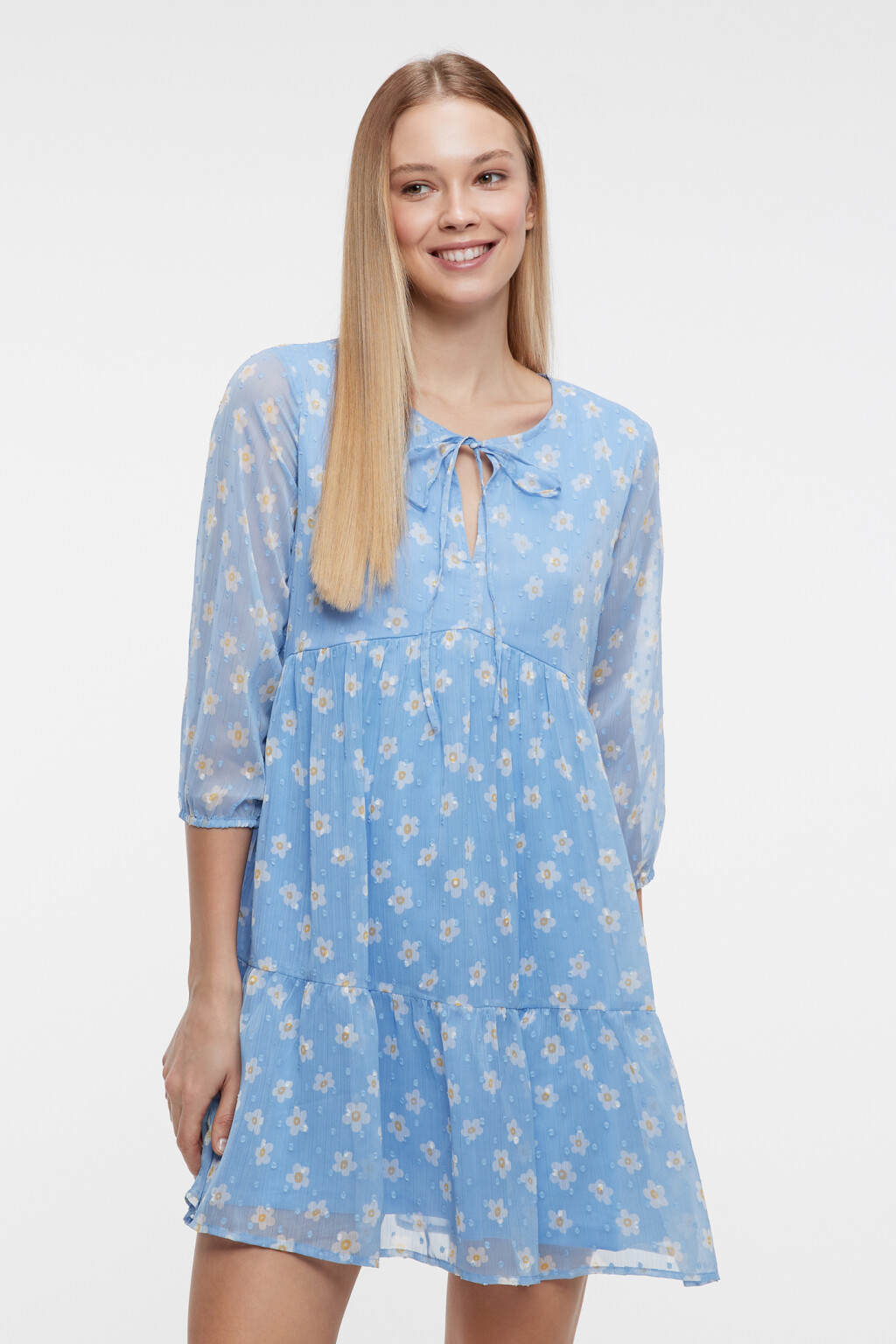 Платье мини шифоновое свободное с завязками на груди - цвет синий - 1