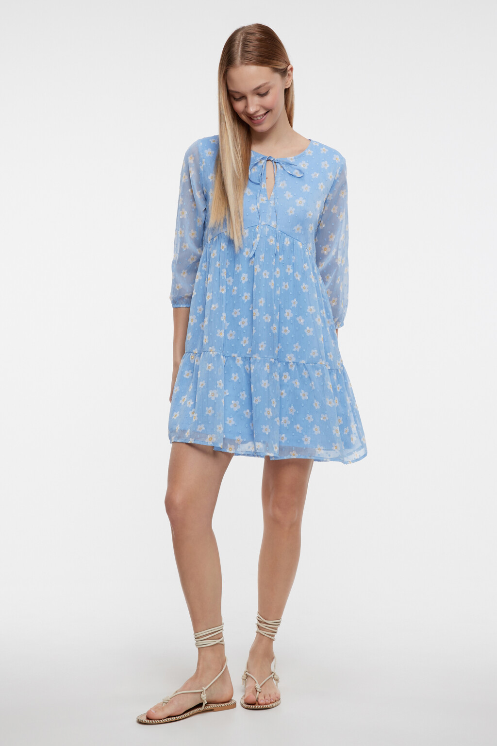 Платье мини шифоновое свободное с завязками на груди - цвет синий - 4