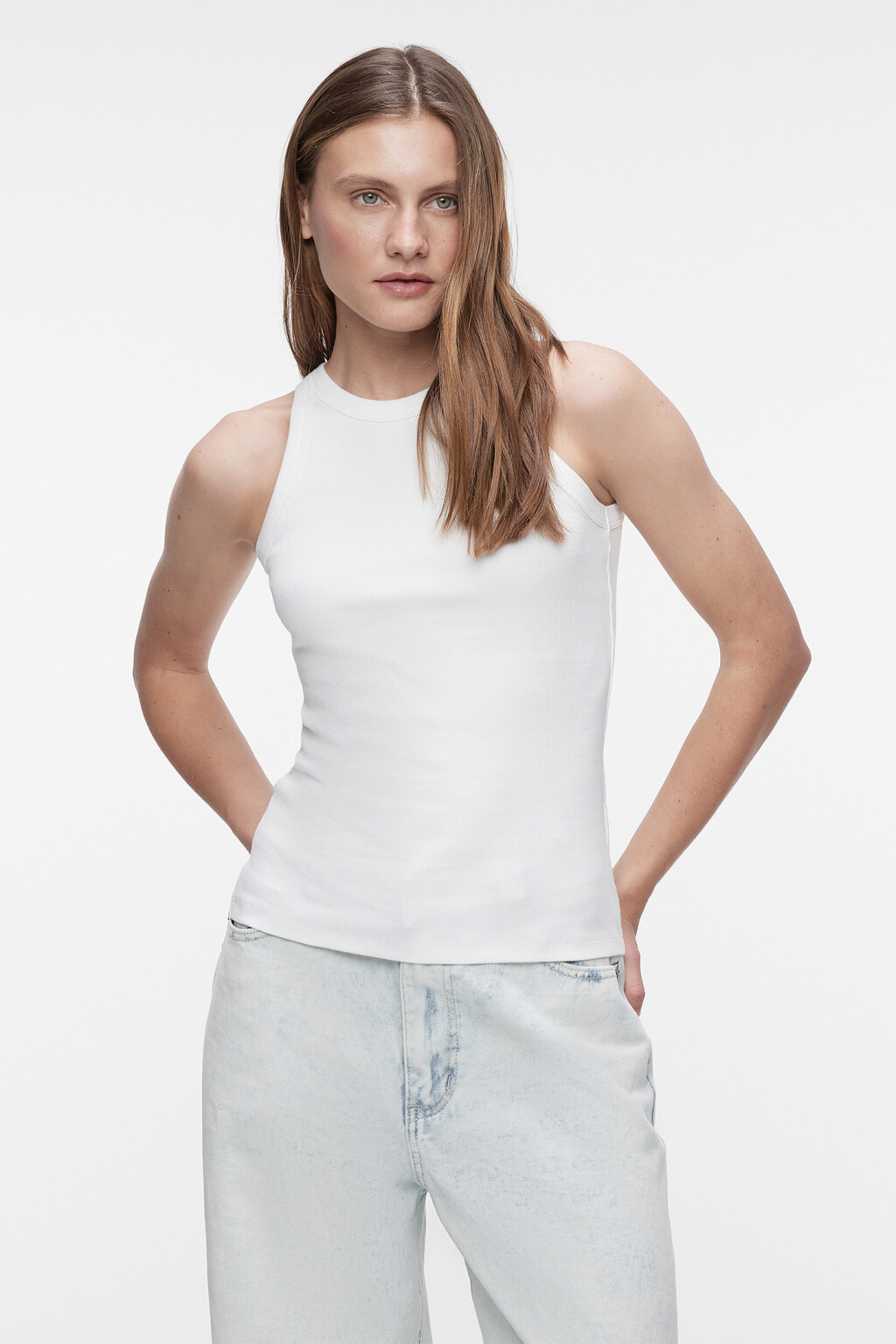 Майка-топ TANKTOP хлопковая базовая в рубчик - цвет белый - 1