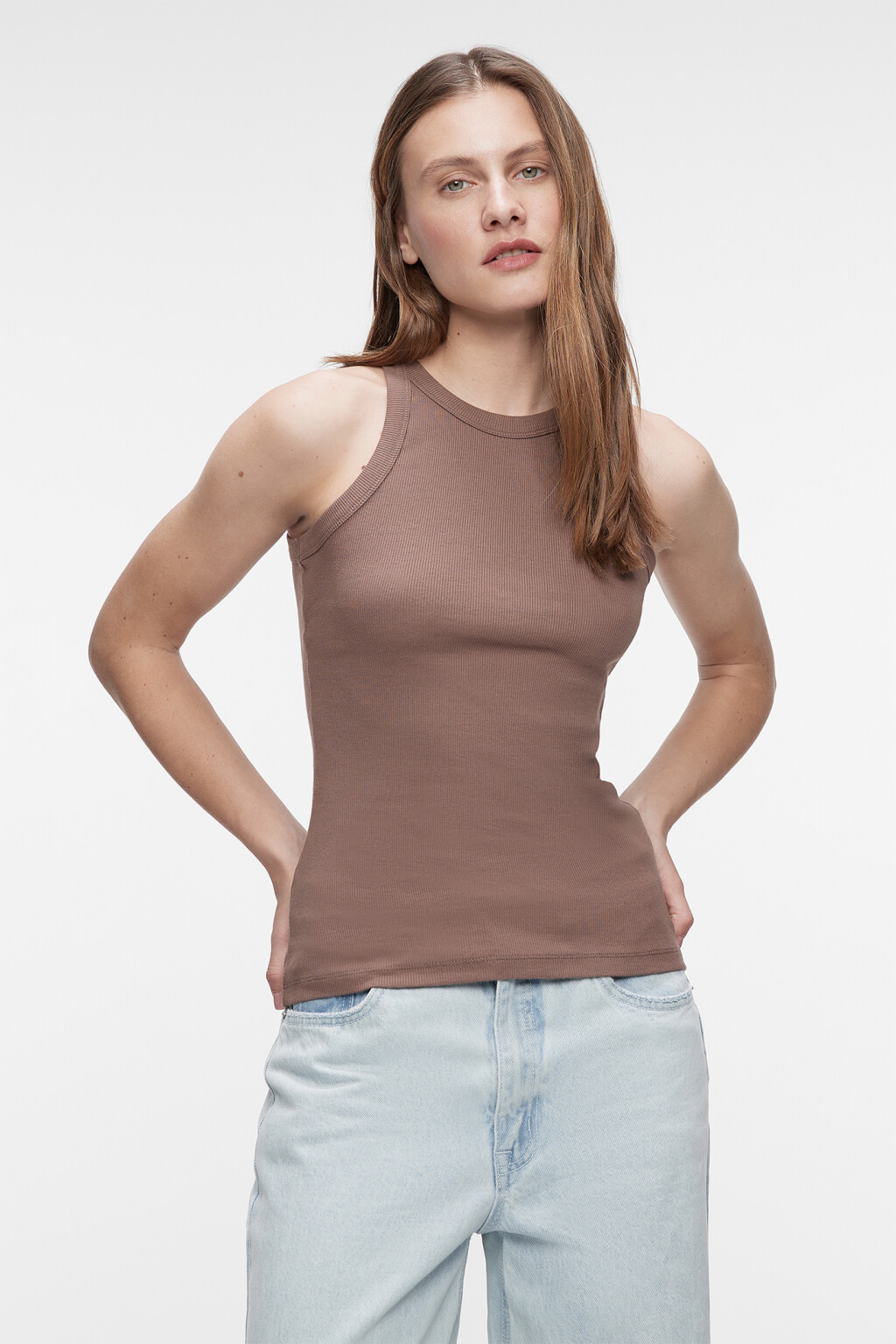 Майка-топ TANKTOP хлопковая базовая в рубчик - цвет коричневый - 1