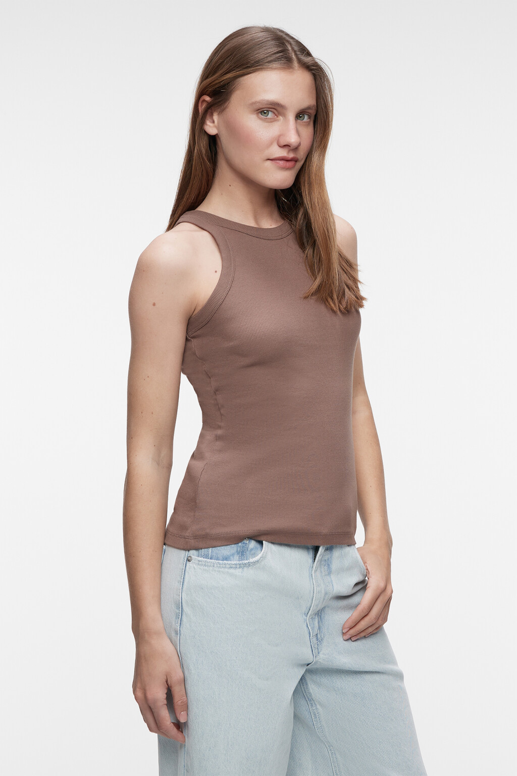 Майка-топ TANKTOP хлопковая базовая в рубчик - цвет коричневый - 2