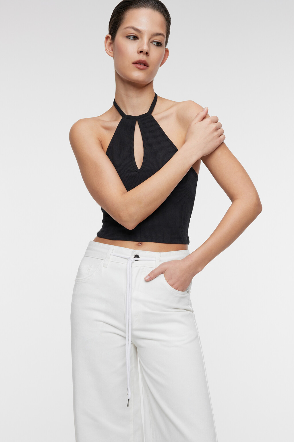 Джинсы wide leg широкие с поясом-шнурком в кулиске - цвет белый - 7