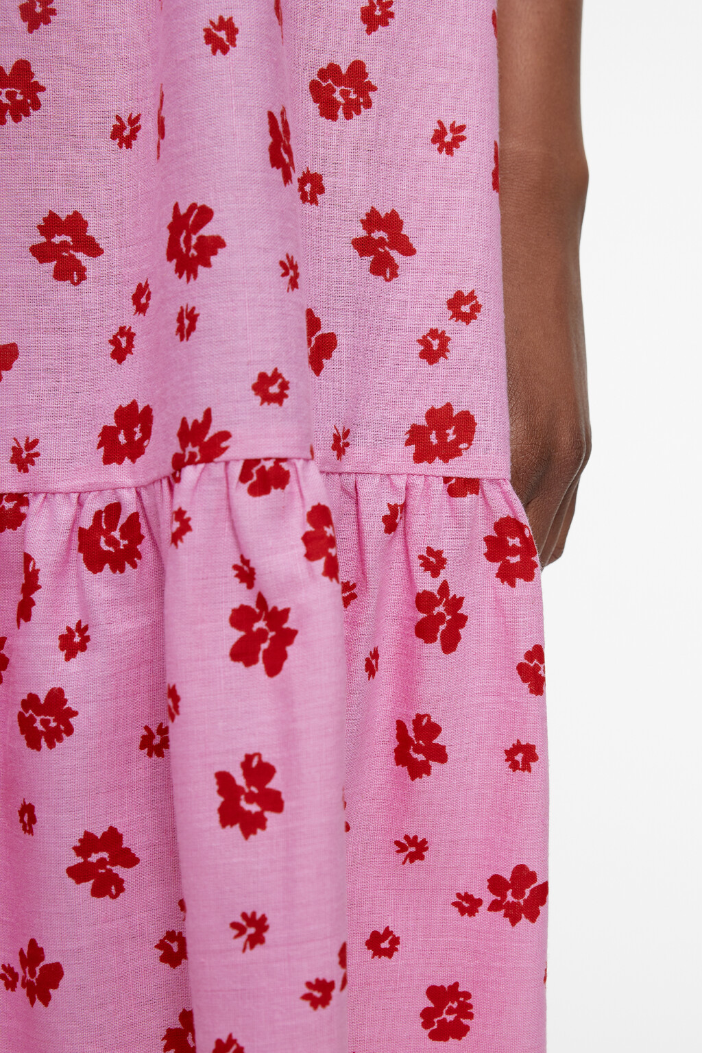 Платье-трапеция миди льняное с ярусной юбкой и воланами - цвет розовый - 6