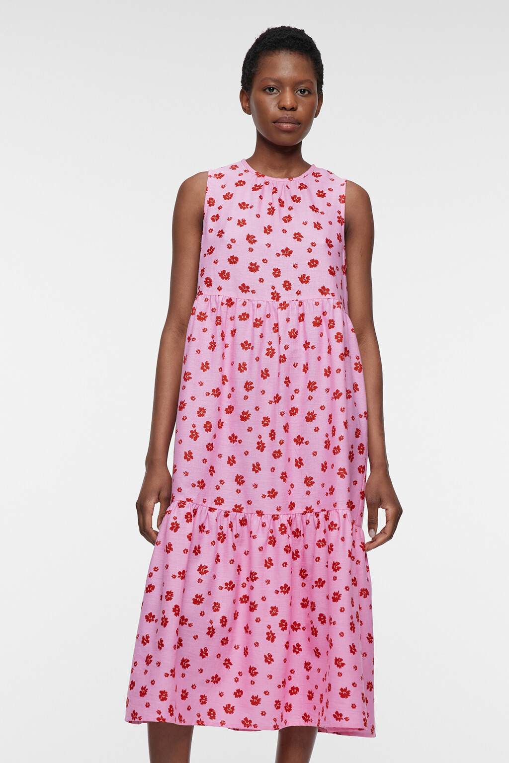 Платье-трапеция миди льняное с ярусной юбкой и воланами - цвет розовый - 7