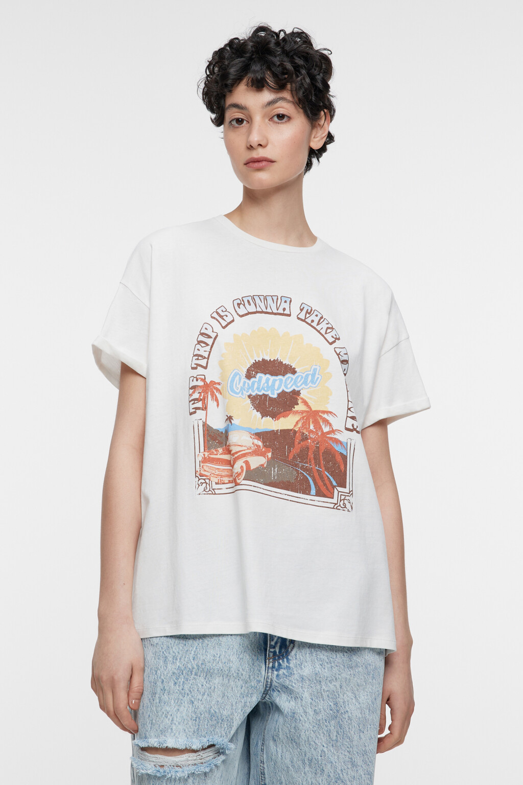 Футболка oversize хлопковая с принтом и надписью - цвет бежевый - 1