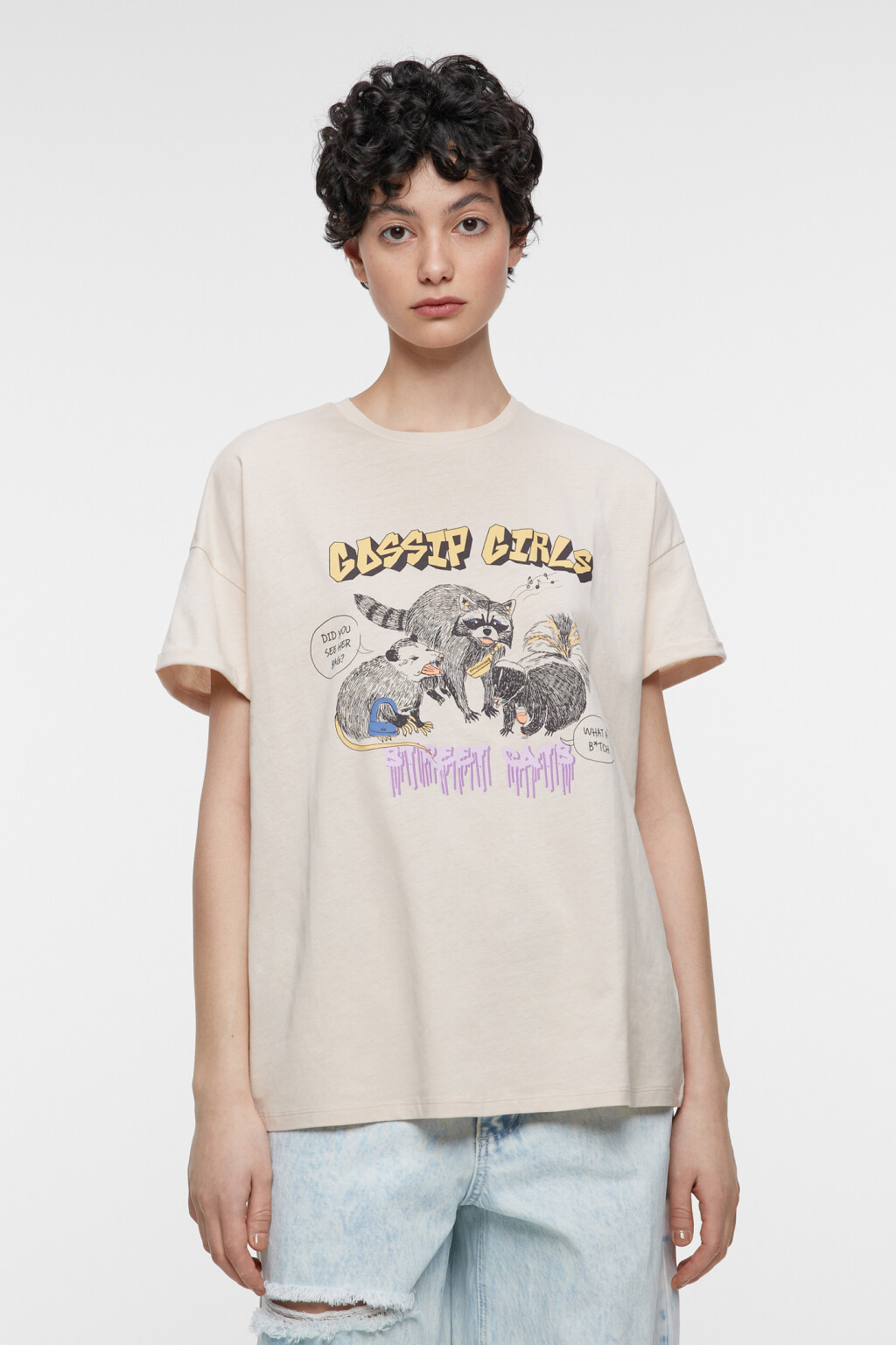 Футболка oversize хлопковая с принтом и надписью - цвет бежевый - 2