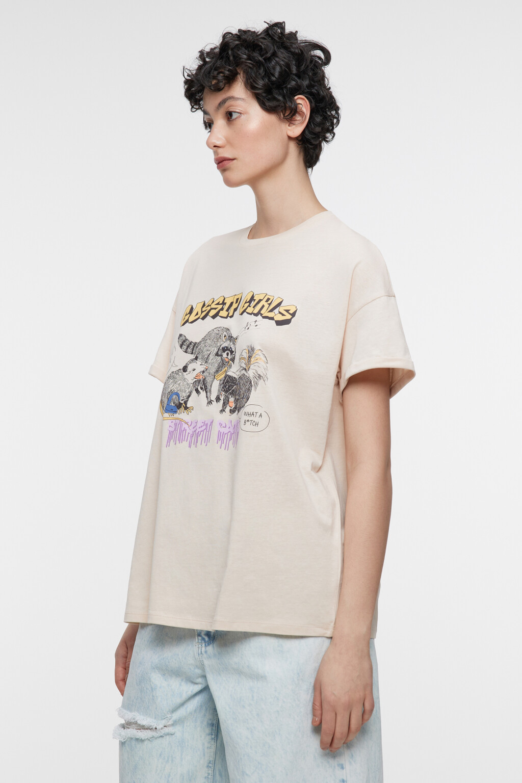 Футболка oversize хлопковая с принтом и надписью - цвет бежевый - 3