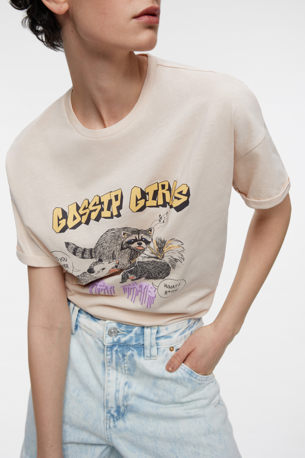 Футболка oversize хлопковая с принтом и надписью - цвет бежевый - 1