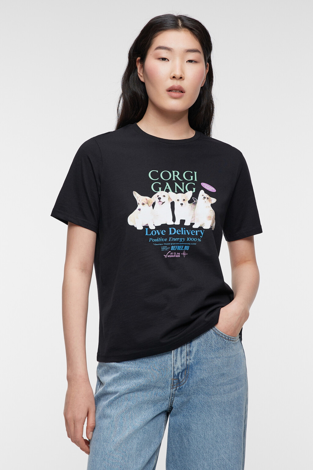 Футболка прямая хлопковая с милым принтом - цвет серый - 2