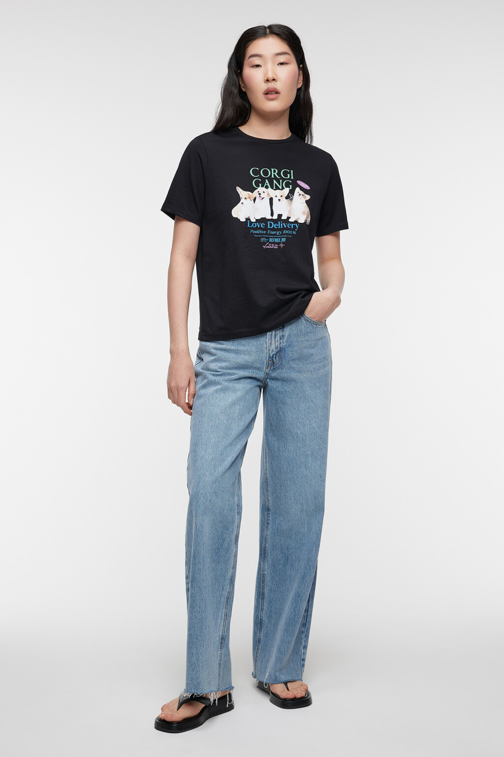 Футболка прямая хлопковая с милым принтом - цвет серый - 1