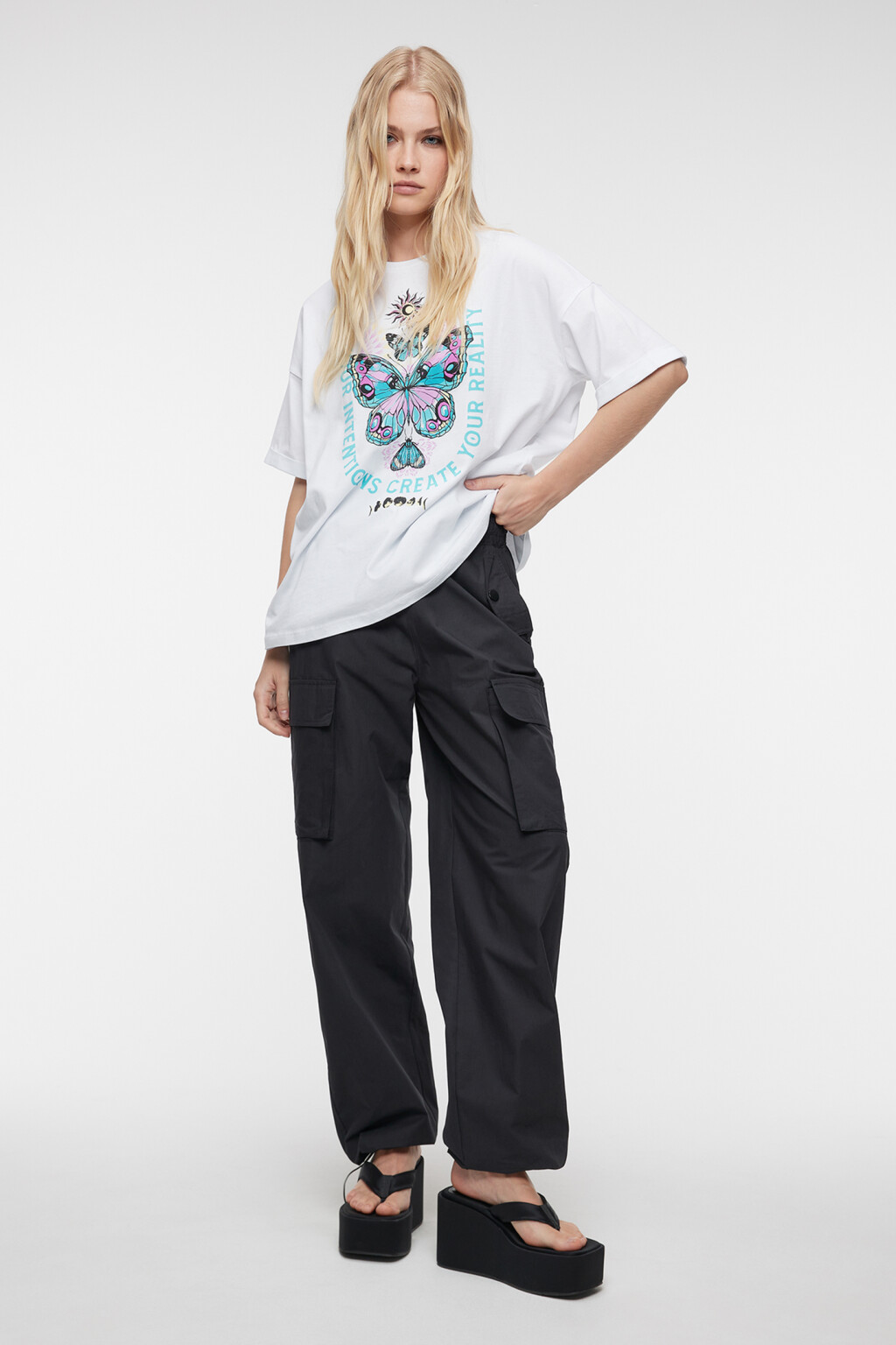 Брюки карго хлопковые широкие со шнурком на поясе - цвет черный - 4
