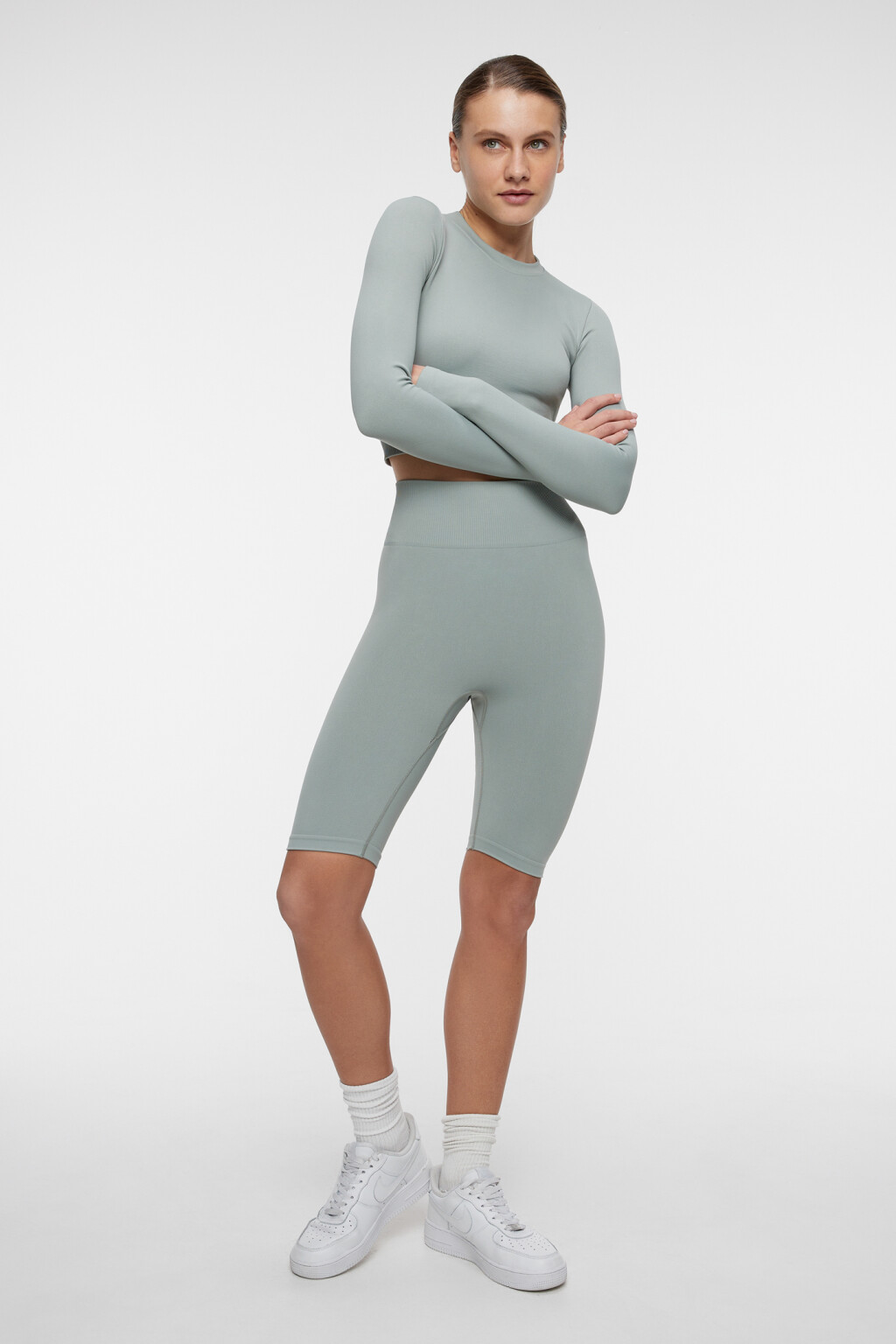 Шорты-велосипедки спортивные облегающие с широким поясом - цвет зеленый - 1