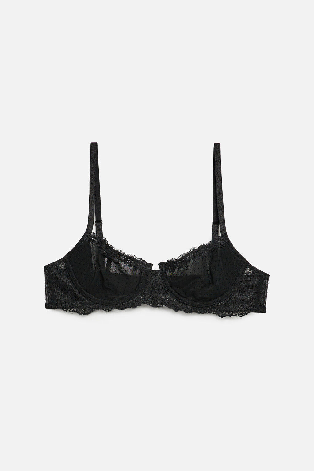 Бюстгальтер-бра кружевной с сеткой в горошек - цвет черный - 4