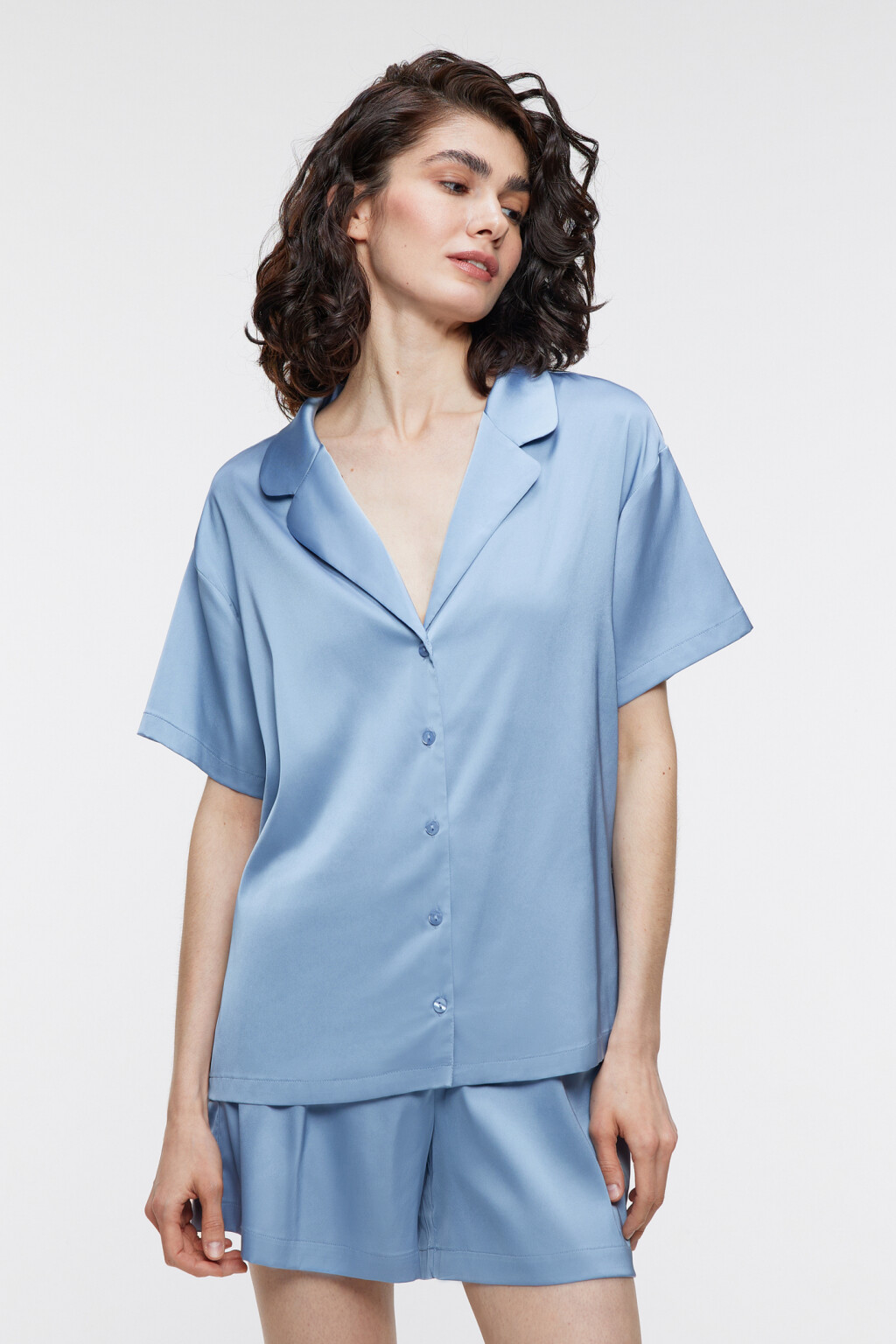 Блузка-рубашка oversize домашняя с коротким рукавом - цвет синий - 2