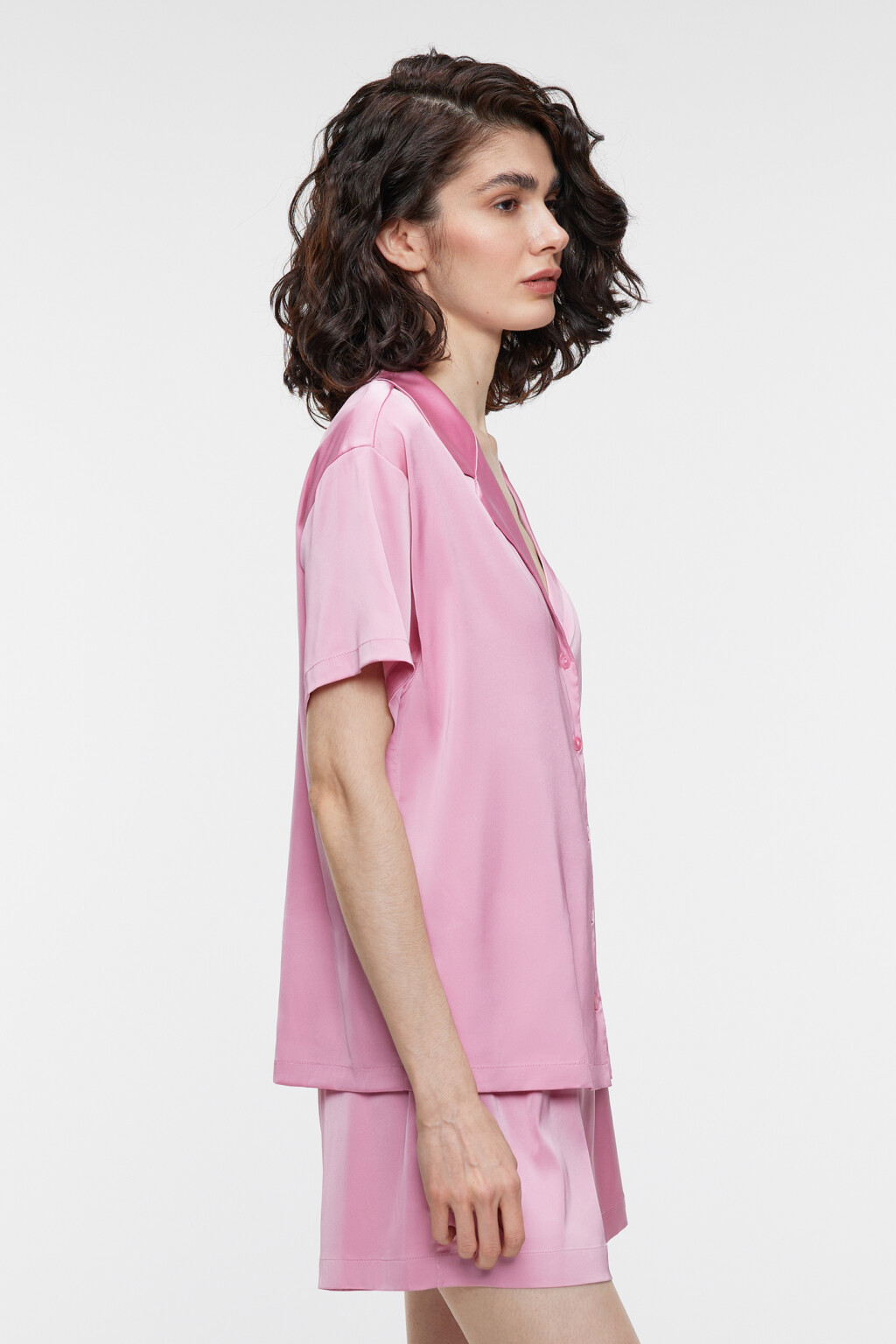 Блузка-рубашка oversize домашняя с коротким рукавом - цвет розовый - 3