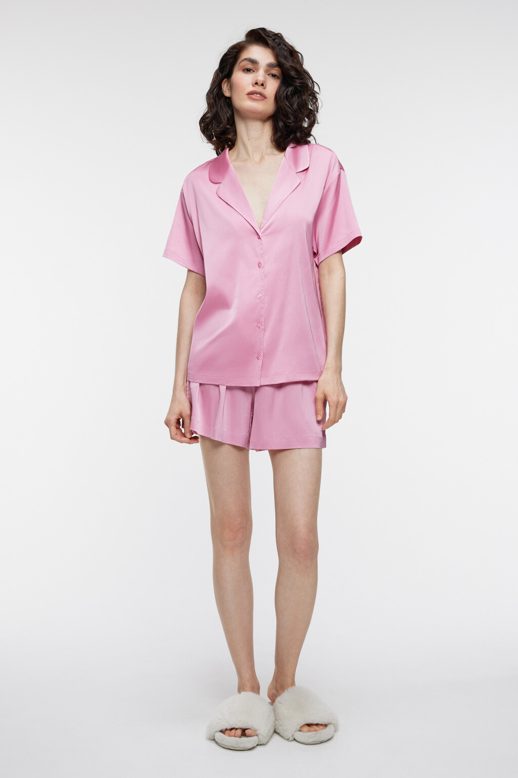 Блузка-рубашка oversize домашняя с коротким рукавом - цвет розовый - 1