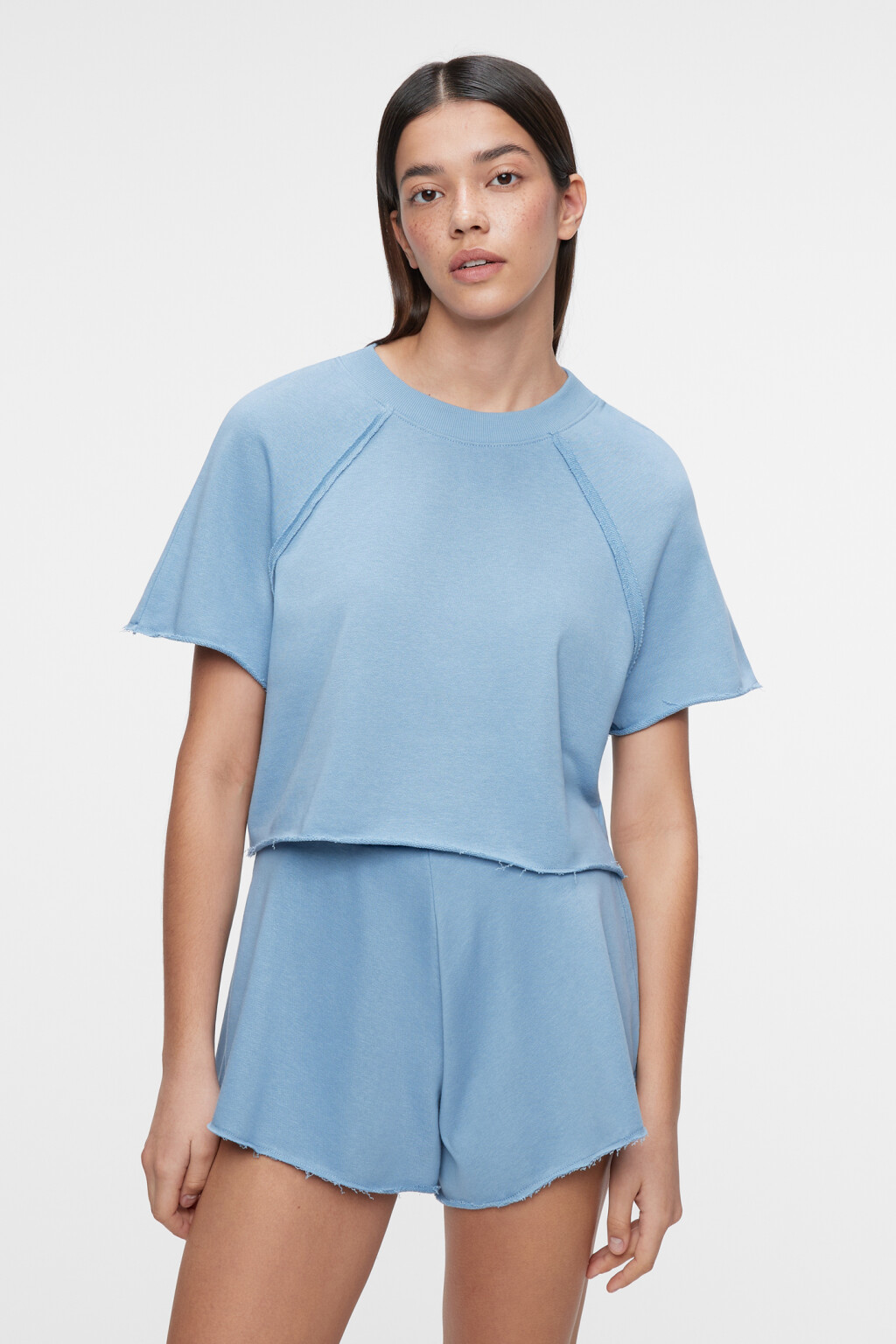 Футболка-топ домашняя укороченная из футера - цвет синий - 3