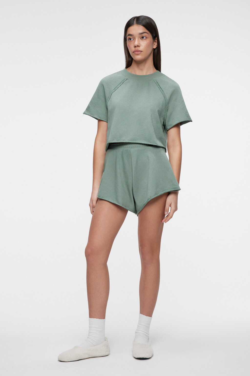 Шорты А-силуэта мини домашние с обрезанными краями - цвет зеленый - 4