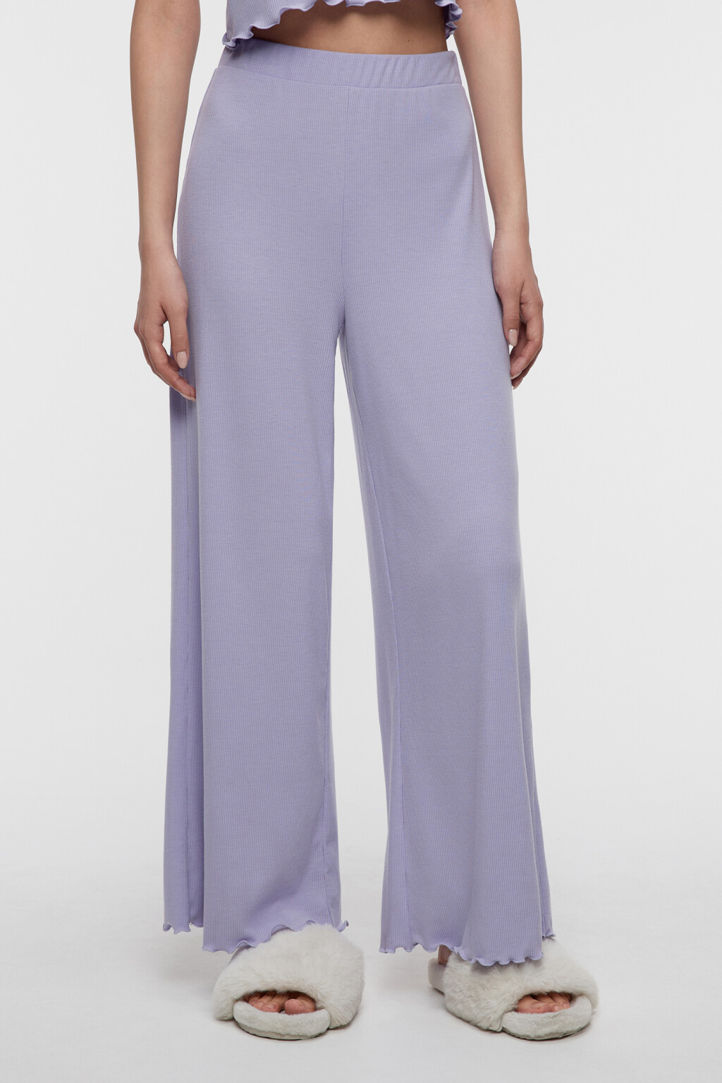 Брюки домашние широкие в рубчик с поясом на резинке - цвет сиреневый - 1