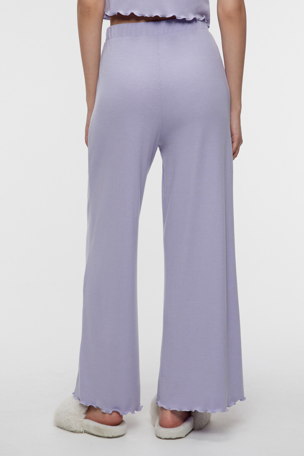 Брюки домашние широкие в рубчик с поясом на резинке - цвет сиреневый - 3